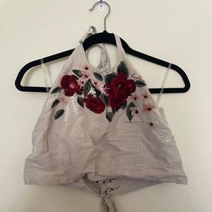 Embroidered Linen Cropped Halter Neck